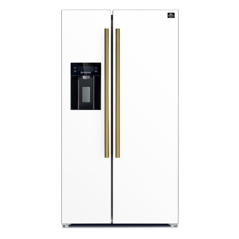 Forno Espresso Salerno 36" Side-by-Side Refrigerator in White, Ice & Water Dispenser, with Antique Brass Handles, FFRBI1844-36WHT