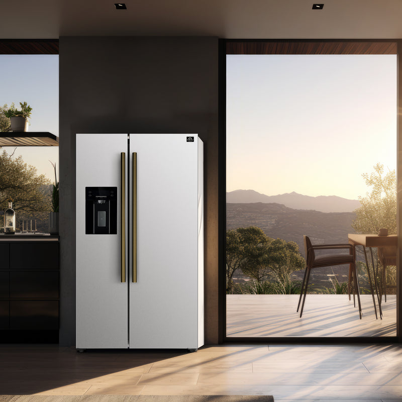 Forno Espresso Salerno 36" Side-by-Side Refrigerator in White, Ice & Water Dispenser, with Antique Brass Handles, FFRBI1844-36WHT