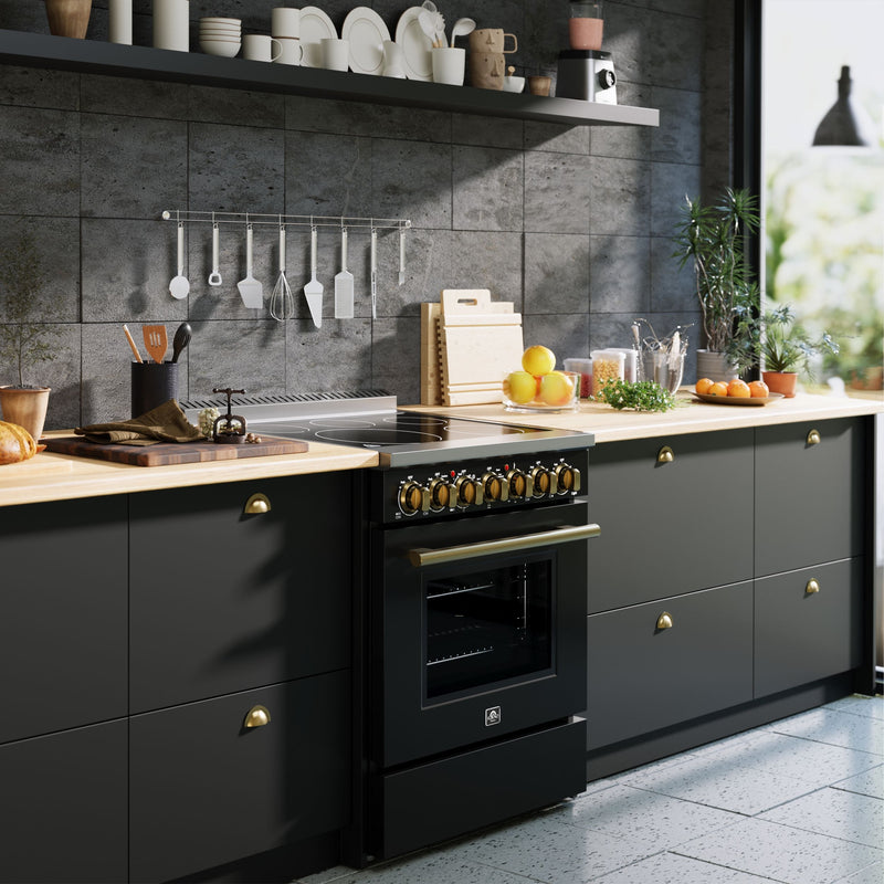 Forno Paolo 30" Freestanding Electric Range in Black, True Convection, 5 Burners, with Antique Brass Handles, FFSEL6011-30BLK