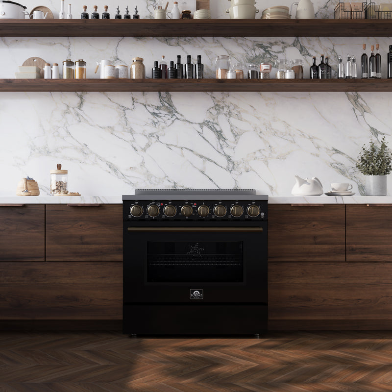 Forno Paolo 36" Freestanding Electric Range in Black, True Convection, 6 Burners, with Antique Brass Handles, FFSEL6011-36BLK