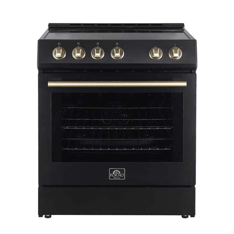 Forno 3-Piece Appliance Package - 30" Leonardo Espresso Electric Range, Refrigerator, & Dishwasher in Black with Antique Brass Handle, FBDL-007-02US