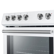 White oven with silver knobs on a white background