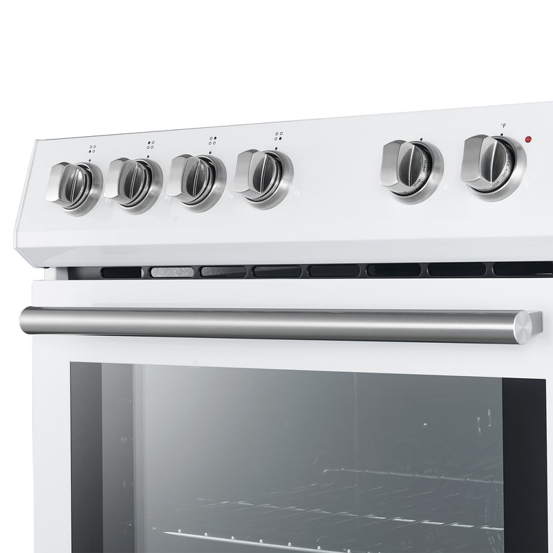 White oven with silver knobs on a white background
