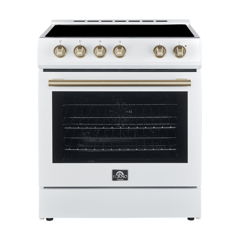 Forno Espresso 3-Piece Appliance Package - 30" Electric Range with 5.0 Cu.Ft. Electric Oven, Refrigerator, and Under Cabinet Range Hood in White with Antique Brass Trim, FBDL-001-03US
