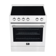 White electric stove with black cooktop on a white background