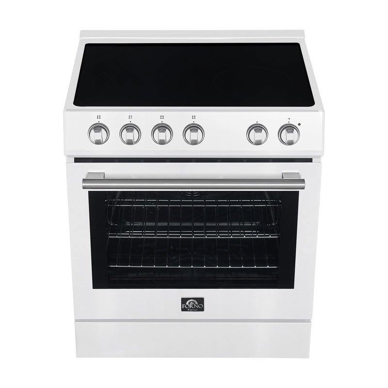 White electric stove with black cooktop on a white background
