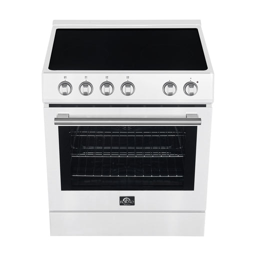 White electric stove with black cooktop on a white background