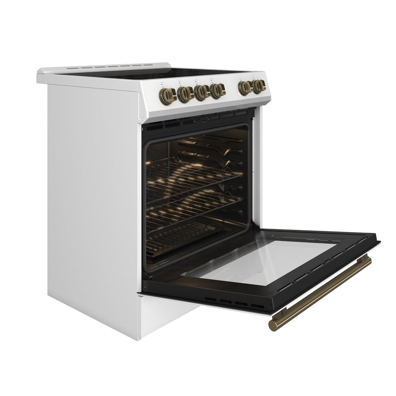 Forno Leonardo Espresso 30" Freestanding Electric Range in White, True Convection, with Antique Brass Handles, FFSEL6012-30WHT