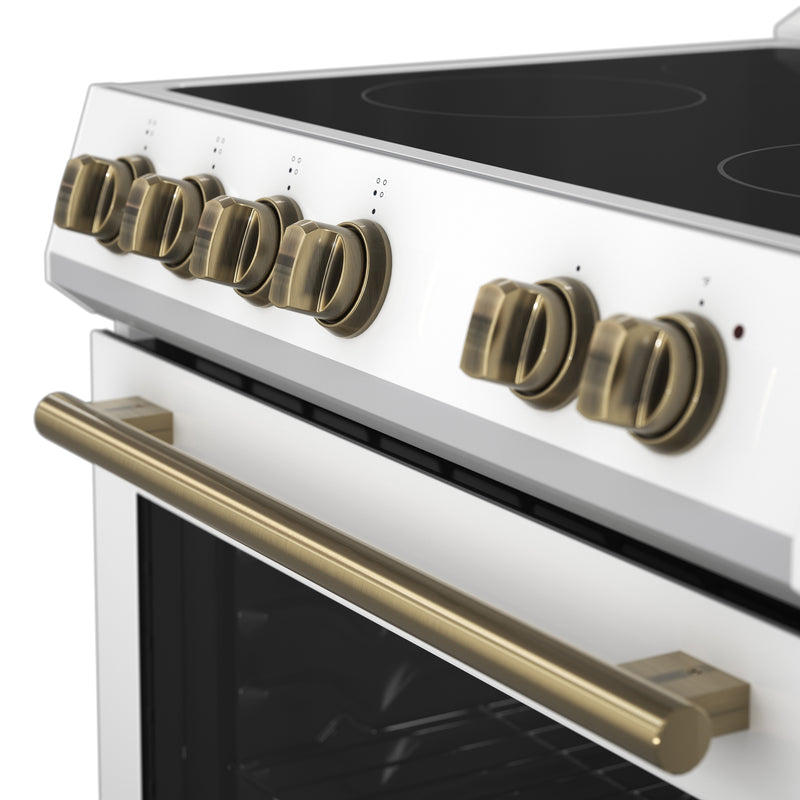 Forno Leonardo Espresso 30" Freestanding Electric Range in White, True Convection, with Antique Brass Handles, FFSEL6012-30WHT