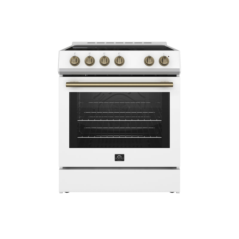 Forno Leonardo Espresso 30" Freestanding Electric Range in White, True Convection, with Antique Brass Handles, FFSEL6012-30WHT