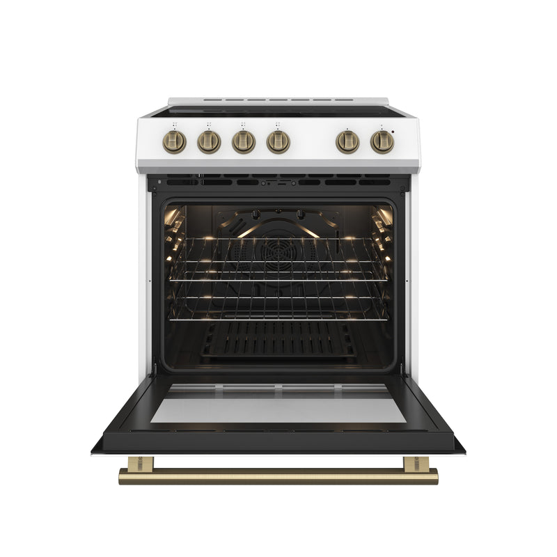 Forno Leonardo Espresso 30" Freestanding Electric Range in White, True Convection, with Antique Brass Handles, FFSEL6012-30WHT