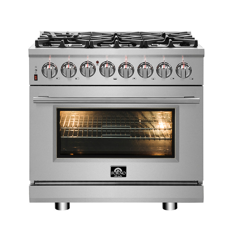 Forno Massimo 36" Freestanding Dual Fuel Range, Double Oven, 6 Burners, Telescopic Racks, FFSGS6125-36