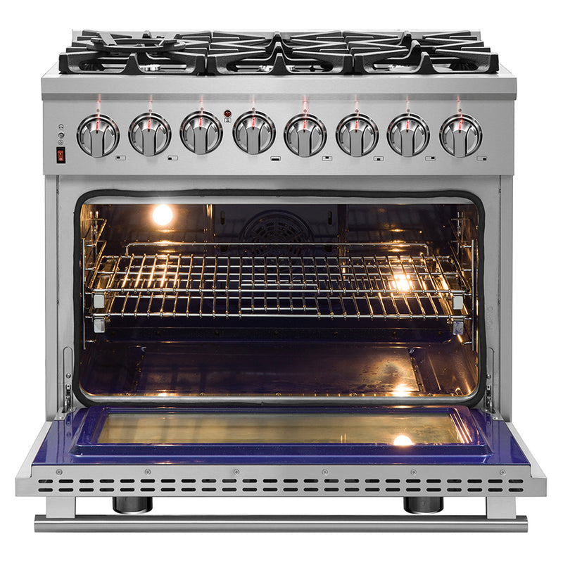 Forno Massimo 36" Freestanding Dual Fuel Range, Double Oven, 6 Burners, Telescopic Racks, FFSGS6125-36