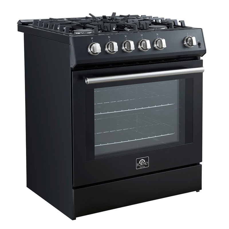 Forno Leonardo Espresso 30" Freestanding Gas Range in Black, 5 Burners, Cast-Iron Grates, with Stainless Steel Handles, FFSGS1116-30BLK