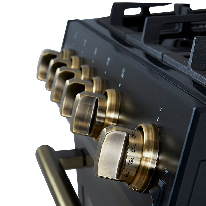 Forno Leonardo Espresso 30" Freestanding Gas Range in Black, 5 Burners, Cast-Iron Grates, with Antique Brass Handles, FFSGS1116-30BLK