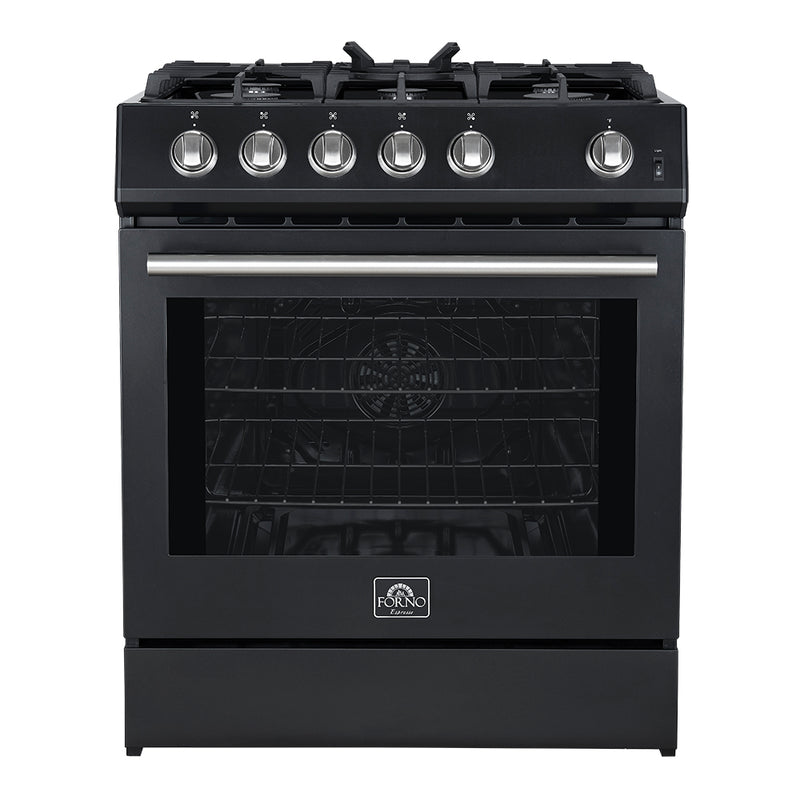 Forno Leonardo Espresso 30" Freestanding Gas Range in Black, 5 Burners, Cast-Iron Grates, with Stainless Steel Handles, FFSGS1116-30BLK