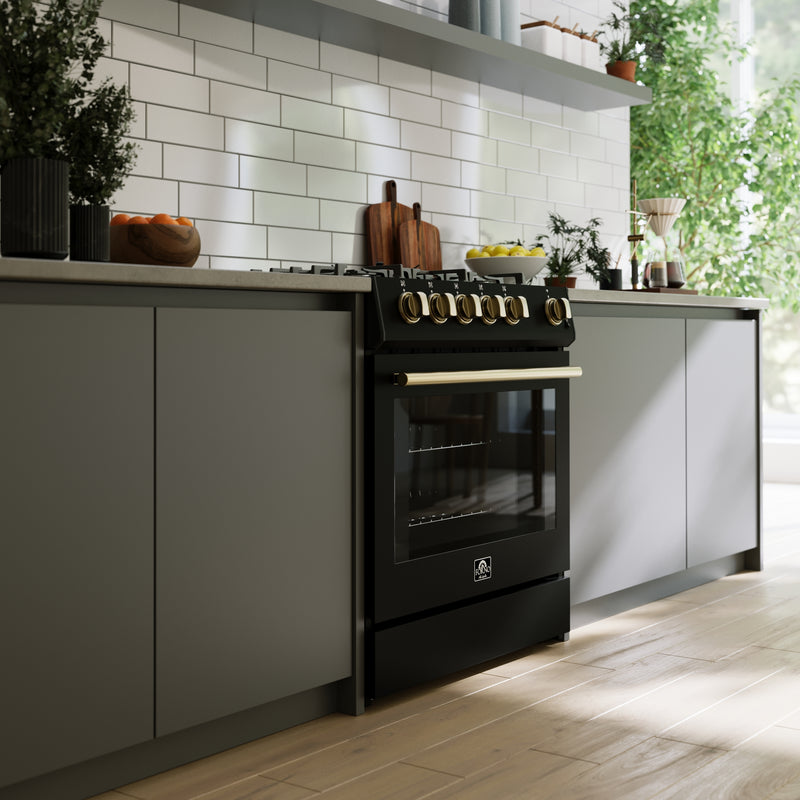 Forno Leonardo Espresso 30" Freestanding Gas Range in Black, 5 Burners, Cast-Iron Grates, with Stainless Steel Handles, FFSGS1116-30BLK