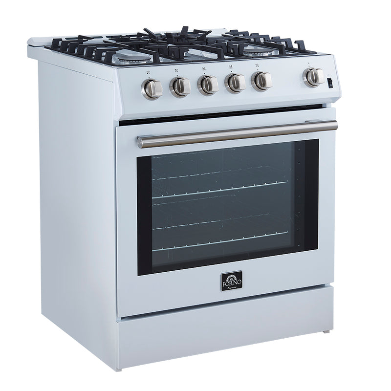 Forno Leonardo Espresso 30" Freestanding Gas Range in White, 5 Burners, with Stainless Steel Handles, FFSGS1116-30WHT