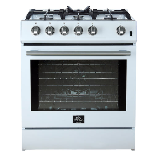 White gas stove with black cooktop on a white background