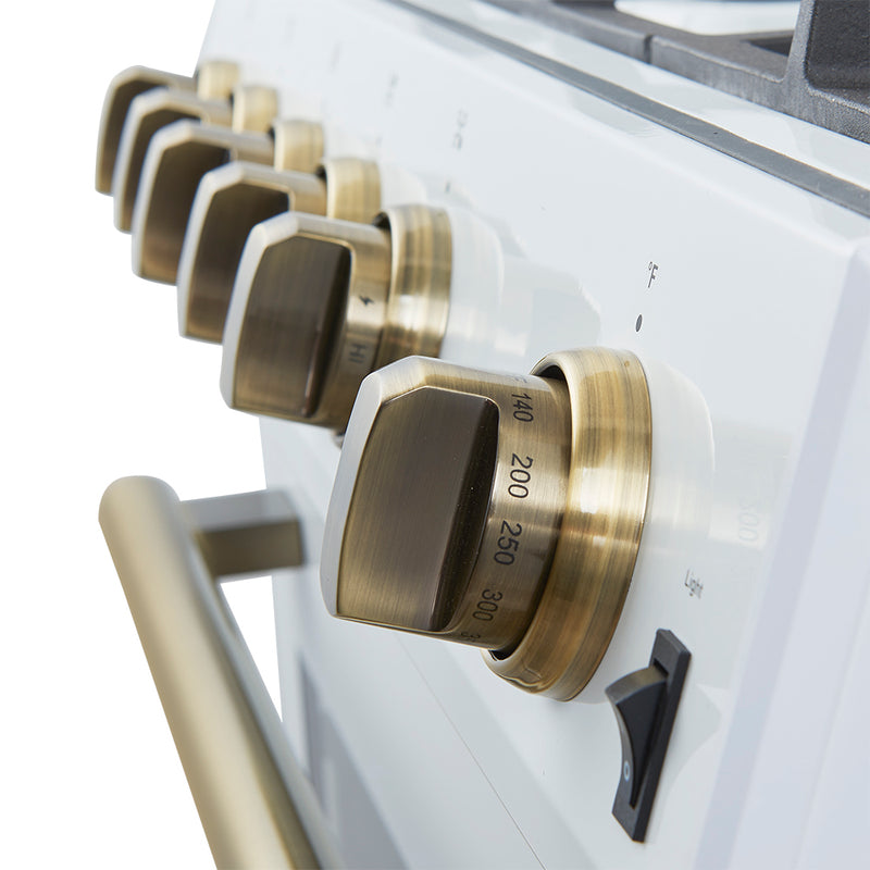 Forno Leonardo Espresso 30" Freestanding Gas Range in White, 5 Burners, with Antique Brass Handles, FFSGS1116-30WHT