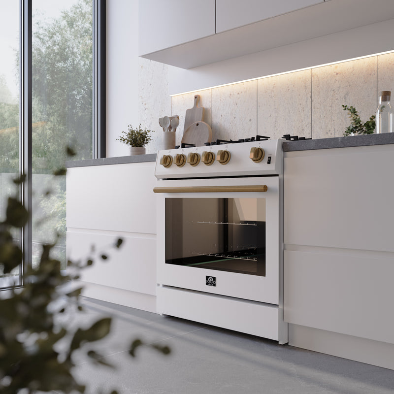 Forno Leonardo Espresso 30" Freestanding Gas Range in White, 5 Burners, with Antique Brass Handles, FFSGS1116-30WHT