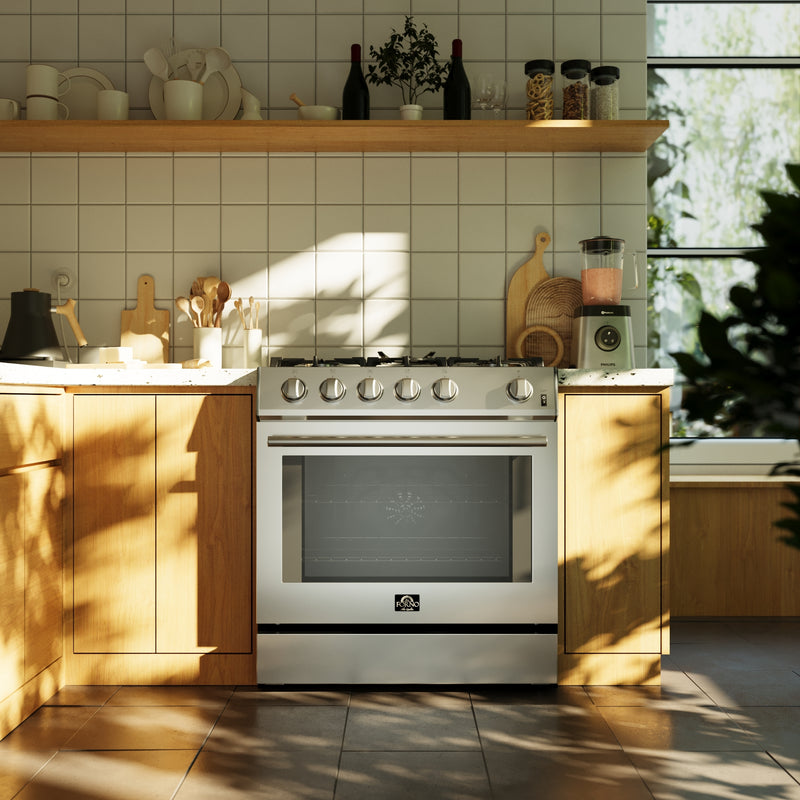 Forno Leonardo Espresso 30" Freestanding Gas Range in Stainless Steel, 5 Sealed Burners, True Convection, Cast-Iron Grates, with Stainless Steel Handles, FFSGS1116-30