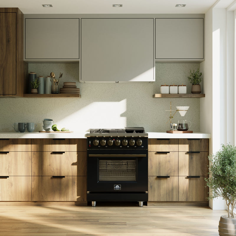 Forno Massimo 30" Freestanding Dual Fuel Range in Black with 5 Sealed Burners, Air Fryer Kit, Wok Support & Griddle in Black with Antique Brass Accents, FFSGS6125-30BLK