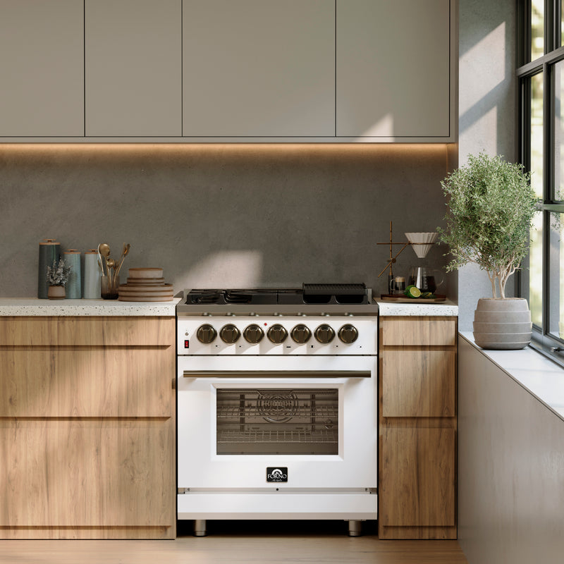 Forno Massimo 30" Freestanding Dual Fuel Range in White with 5 Sealed Burners, Air Fryer Kit, Wok Support & Griddle in White with Antique Brass Accents, FFSGS6125-30WHT