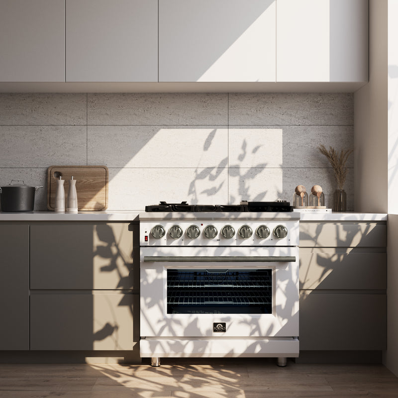 Forno Massimo 36" 5.36 cu. ft. Freestanding Dual Fuel Range with 6 Sealed Burners, Air Fryer Kit, Wok Support & Griddle in Black with Antique Brass Accents, FFSGS6125-36WHT