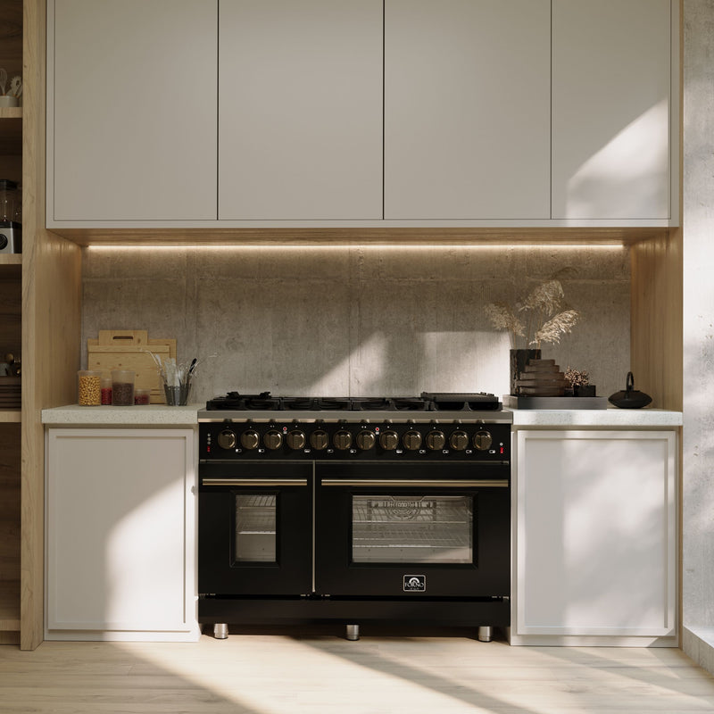Forno Massimo 48" Freestanding Dual Fuel Range in Black, with 8 Sealed Burners, Air Fryer Kit, Wok Support & Griddle, with Antique Brass Handles, FFSGS6125-48BLK