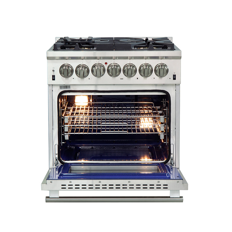 Forno Capriasca 30" Freestanding Dual Fuel Range in Stainless Steel, 5 Brass Burners, True Convection, Cast-Iron Grates, FFSGS6187-30