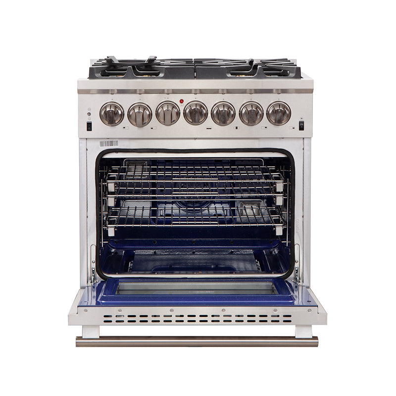 Forno Capriasca 30" Freestanding Dual Fuel Range in Stainless Steel, 5 Brass Burners, True Convection, Cast-Iron Grates, FFSGS6187-30