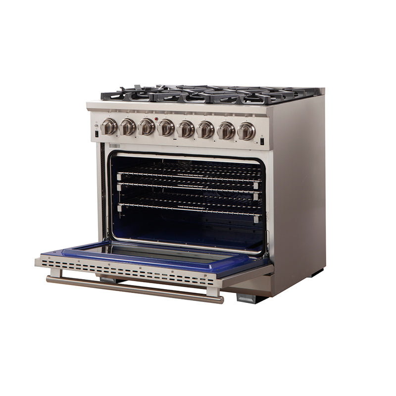 Forno Capriasca 36" Freestanding Dual Fuel Range in Stainless Steel, 6 Brass Burners, True Convection, Cast-Iron Grates, FFSGS6187-36