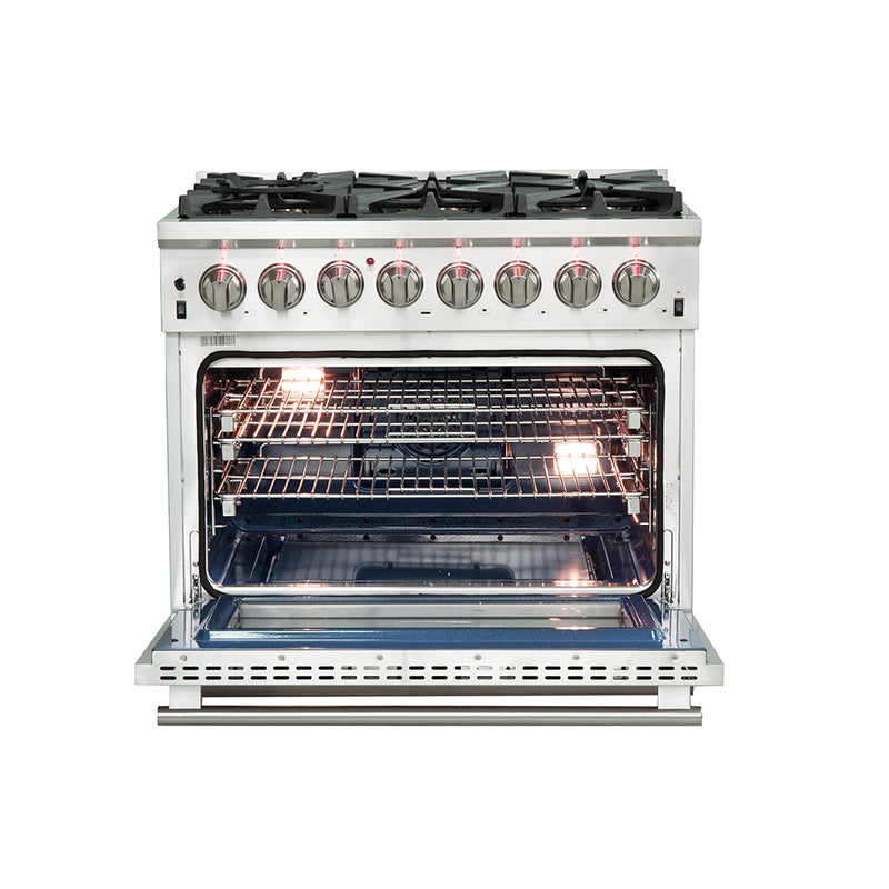 Forno Capriasca 36" Freestanding Dual Fuel Range in Stainless Steel, 6 Brass Burners, True Convection, Cast-Iron Grates, FFSGS6187-36