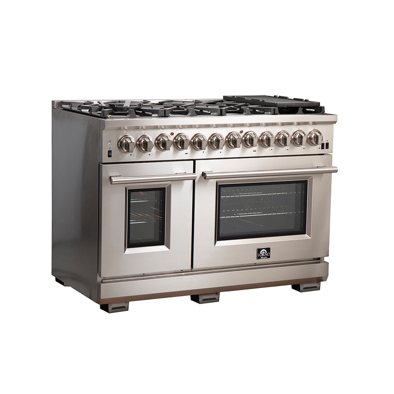 Forno Capriasca 48" Freestanding Dual Fuel Range in Stainless Steel, 8 Brass Burners, Double Oven, True Convection, FFSGS6187-48