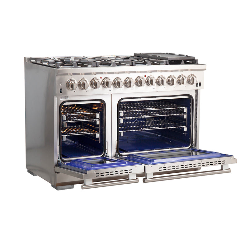 Forno Capriasca 48" Freestanding Dual Fuel Range in Stainless Steel, 8 Brass Burners, Double Oven, True Convection, FFSGS6187-48