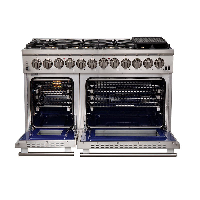 Forno Capriasca 48" Freestanding Dual Fuel Range in Stainless Steel, 8 Brass Burners, Double Oven, True Convection, FFSGS6187-48