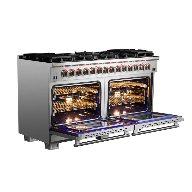 Forno Capriasca 60" Freestanding Dual Fuel Range in Stainless Steel, Double Oven, True Convection, 10 Burners, FFSGS6187-60