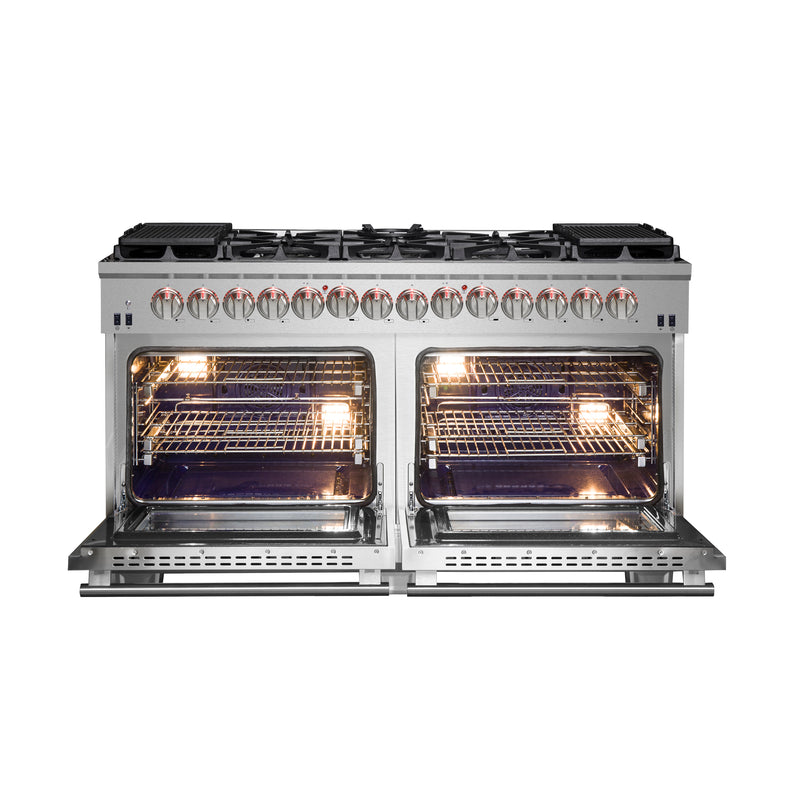 Forno Capriasca 60" Freestanding Dual Fuel Range in Stainless Steel, Double Oven, True Convection, 10 Burners, FFSGS6187-60