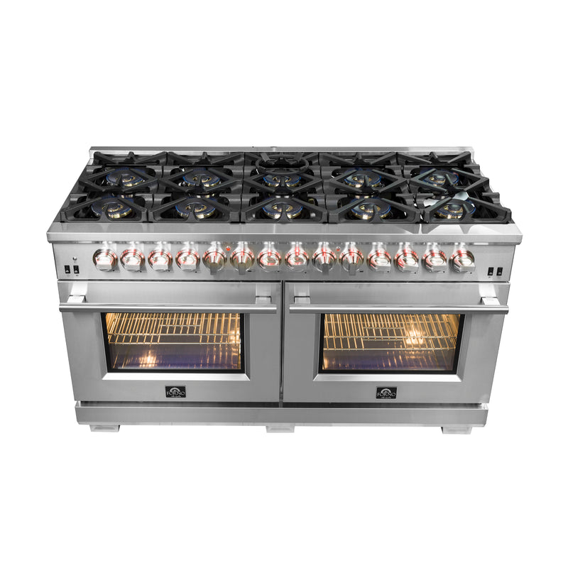 Forno Capriasca 60" Freestanding Dual Fuel Range in Stainless Steel, Double Oven, True Convection, 10 Burners, FFSGS6187-60