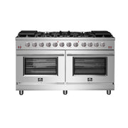 Stainless steel range with gas cooktop and ovens on a white background