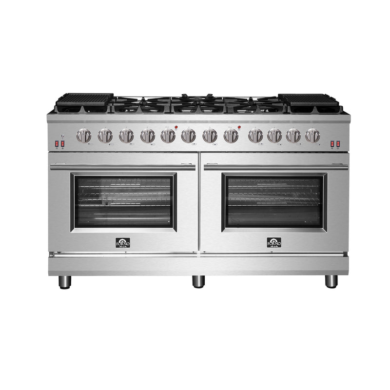 Stainless steel range with gas cooktop and ovens on a white background
