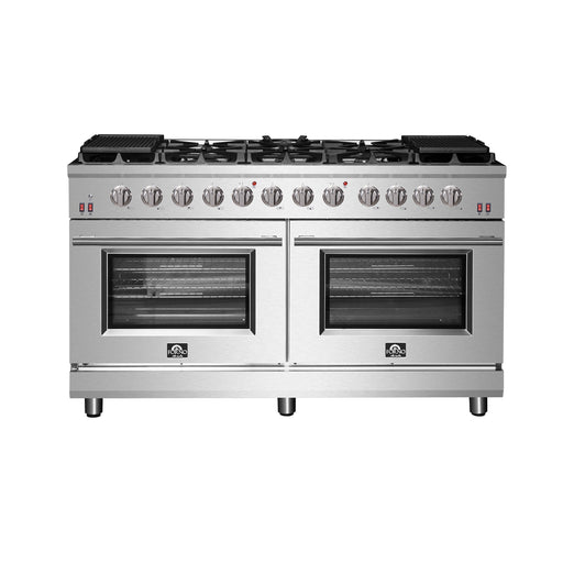 Stainless steel range with gas cooktop and ovens on a white background