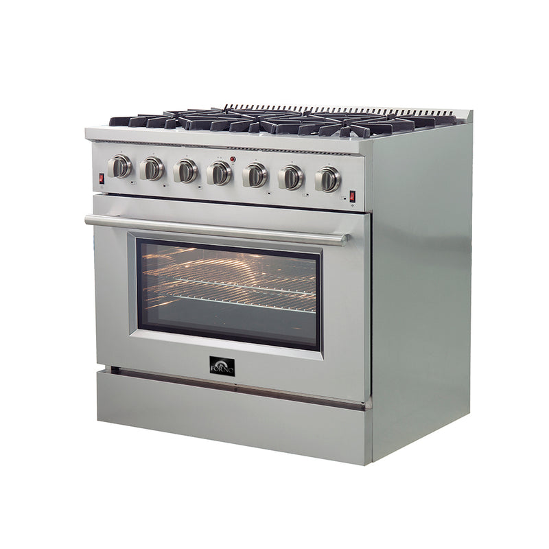 Forno Galiano 36" Freestanding Gas Range in Stainless Steel, 6 Burners, True Convection, FFSGS6244-36