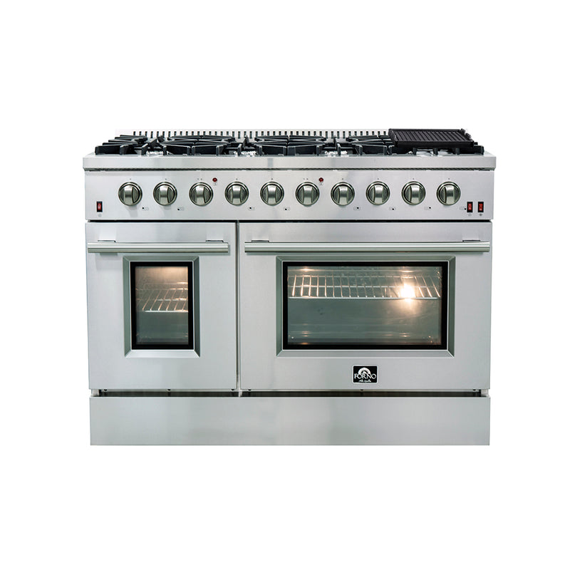 Forno Galiano 48" Freestanding Gas Range in Stainless Steel, Double Oven, 8 Burners, Griddle, FFSGS6244-48
