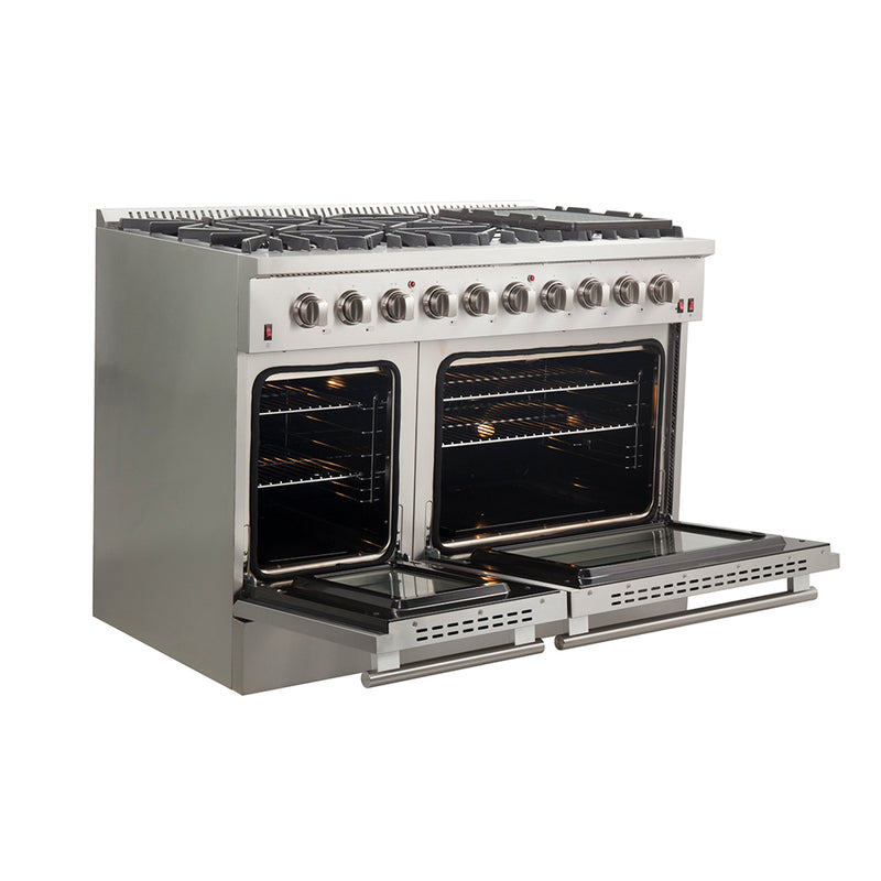 Forno Galiano 48" Freestanding Gas Range in Stainless Steel, Double Oven, 8 Burners, Griddle, FFSGS6244-48