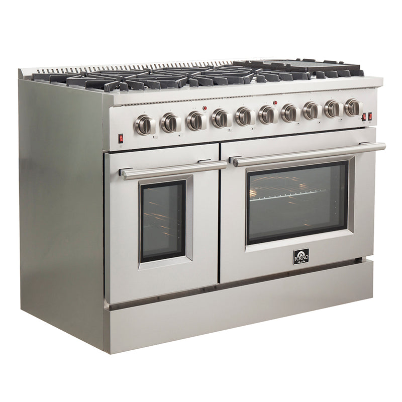 Forno Galiano 48" Freestanding Gas Range in Stainless Steel, Double Oven, 8 Burners, Griddle, FFSGS6244-48