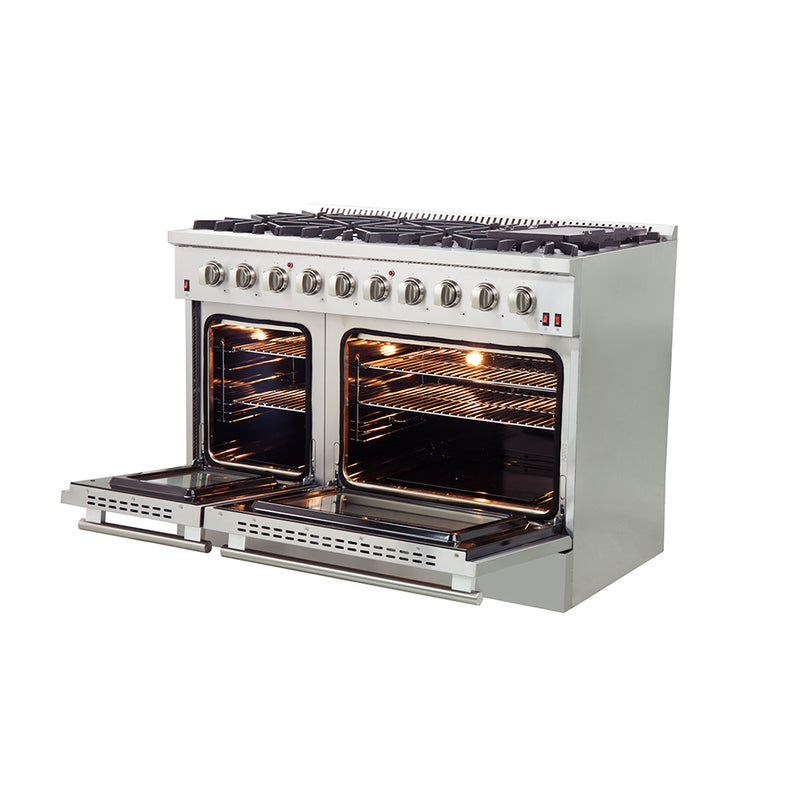 Forno Galiano 48" Freestanding Gas Range in Stainless Steel, Double Oven, 8 Burners, Griddle, FFSGS6244-48