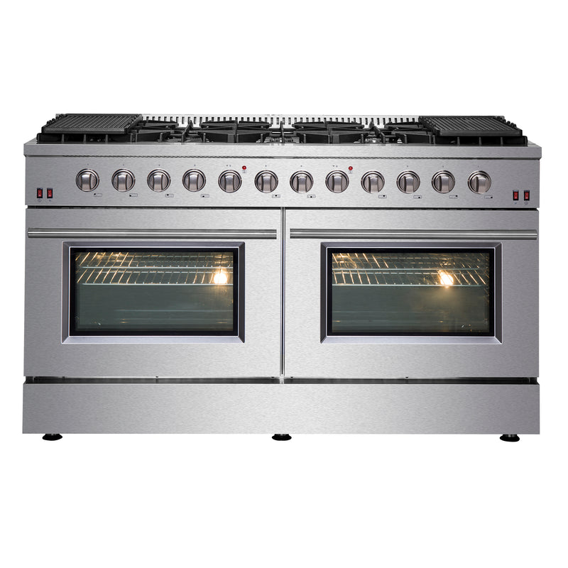 Forno Galiano 60" Freestanding Gas Range, Double Oven, 10 Burners, Griddle, FFSGS6244-60