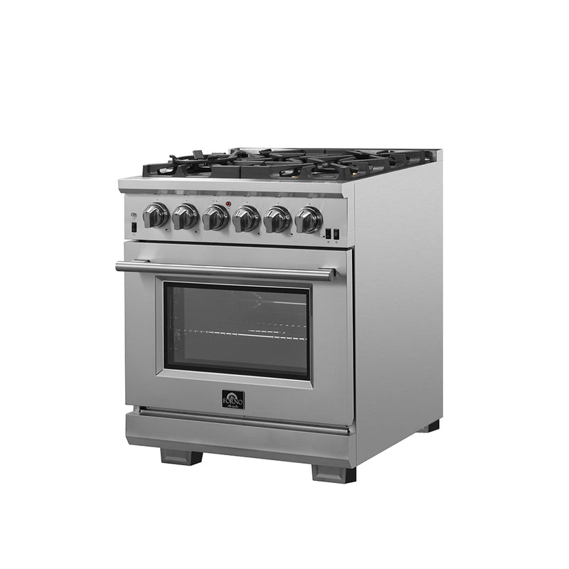 Forno Capriasca 30" Freestanding Gas Range in Stainless Steel, 5 Sealed Brass Burners, True Convection, Cast-Iron Grates, FFSGS6260-30